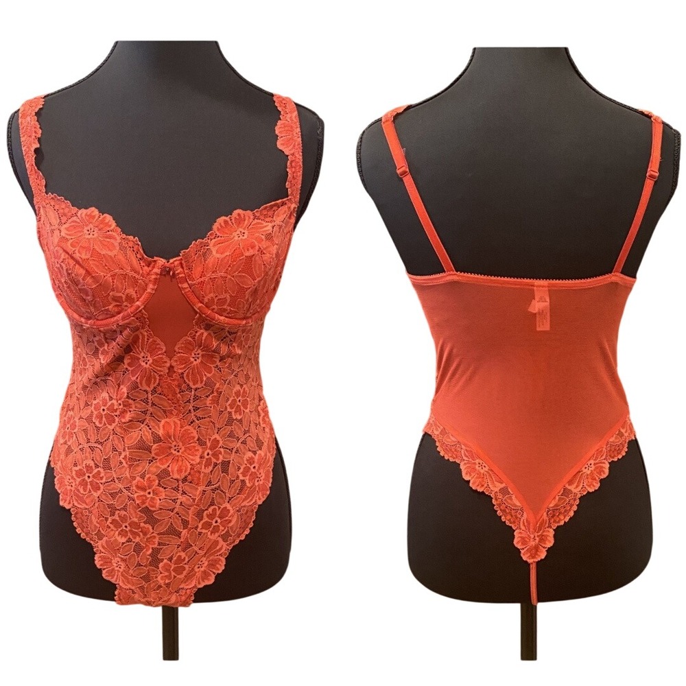 VICTORIA'S SECRET Lace Bodysuit 36B Red Underwire Sheer Thong Lingerie Coquette